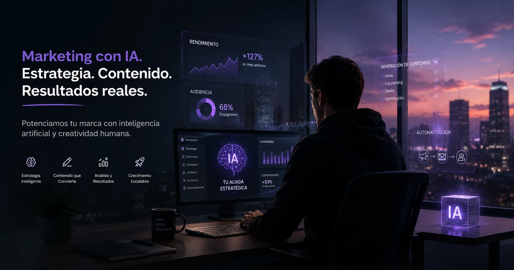 Dashboard de marketing con IA de GuaimaLab: rendimiento, audiencia y automatización